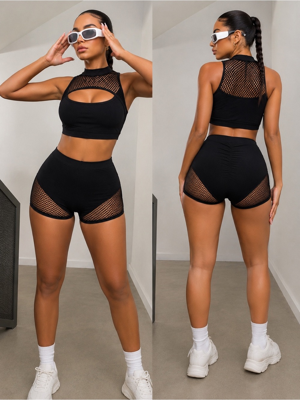 Black High-Waisted Mesh Shorts – Ruched Back